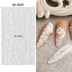 5D Acrylic White Wedding Nail Design Embossed Flower Lace Nail Stickers Decals French Manicure Decor Winter Sliders CHSTZ5D09-16