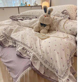 Yickyue 100%Cotton Purple Floral Bedding set 150X200cm/180X200cm Bedskirt Pillowcases Exquisite Ruffle Duvet cover 4Pcs set