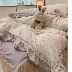 Yickyue 100%Cotton Purple Floral Bedding set 150X200cm/180X200cm Bedskirt Pillowcases Exquisite Ruffle Duvet cover 4Pcs set