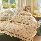 Yickyue Floral Print Pure Cotton Home Bedding Set Lace Edge Duvet Cover Set With Flat Sheet Vintage Rose Comforter Covers Pillowcases