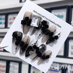 YICKYUE - Black Gradient Metal Rose Wearable Fake nails Handmade Love Heart Irhinestone Art False Nail Patches Medium Long T Removable