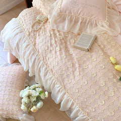 Yickyue Vintage French Style 600TC Egyptian Cotton Bedding Set with Lace + Nail Beads Soft Duvet Cover Set 4Pcs (Queen King Size,Pink)