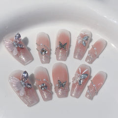 YICKYUE - 10Pcs Handmade Blush Pink Fake Nail Long Ballet Nails Art Tip Detachable French Butterfly Design Finished Press on False Nails