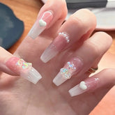 24pcs/box gradient color gummy bear artifical nails with glue Long Coffin Fake Nails Lovely Girl Nail Art ballerina False Nails