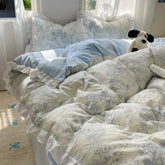 YICKYUE - Blue Floral Ruffle Duvet Cover Set Queen Flower Leaf Comforter Covers 4Pcs Soft Luxury Pastoral Garden Washed Cotton Bedding Set