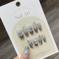 Yickyue 10Pcs Silver Gradient Handmade Press On Nails Ballerina with Rhinestones Wearable False Nails Decoration Fake Nails Tips Art