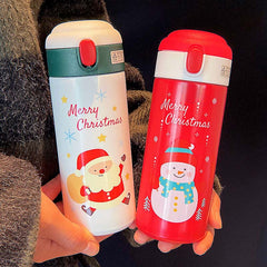 Yickyue New Cute Christmas Thermos Water Bottle With Straw For Kids Vacuum Insulation Drinking Bottles Thermo Cup Couple Christmas Gift