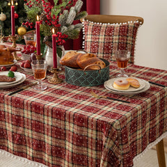 Snowflake Christmas Tablecloth with Furry Ball Red White Plaid Dinning Table Decoration Tasseled Christmas Coffee Table Cloth