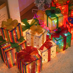 YICKYUE - 3pcs Christmas Glowing Gifts Box LED Light Up Present Boxes Case Ornaments Under Xmas Tree Decor Home Theme Party Supplies