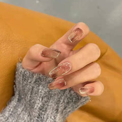 24Pcs/Box Smudged Amber Short Ballet Wearable Fake Nails Press on Square Head Full Cover Detachable Finished Fingernails