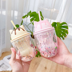Creative Kawaii cat claw double layer plastic water cup girl heart fashion straw cup light double layer lovely petal cat cup