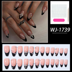 YICKYUE - 24pcs/ box long white French almond nail, white star jewelry ribbon, press nails, nail patch, removable nail wear for women and