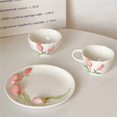 YICKYUE - Tulip Relief Plate Bowl Mug Handmade Ceramic Western Plates Cake Dessert Decor Plate Home Kitchen Hotel Exquisite Tableware