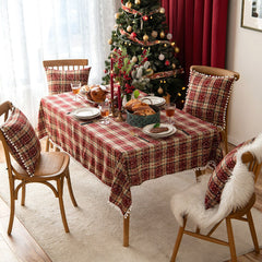 Snowflake Christmas Tablecloth with Furry Ball Red White Plaid Dinning Table Decoration Tasseled Christmas Coffee Table Cloth