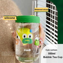 Yickyue 550ml Kawaii Cartoon Glass Cup With Lid and Straw Bubble Tea Cup Coffee Mug Juice Glass Beer Can Milk Mocha Water Cups Drinkware