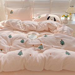 YICKYUE - 3/4Pcs Winter Thickened Warm Milk Velvet Christmas Tree Embroidery Bedding Set Duvet Cover Bed Sheet Pillowcase Christmas Gifts