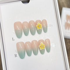 YICKYUE - 10pcs Handmade Elegant and Fresh Yellow Green Gradient Painted Egg Flower Design French Oval Fake Nails Wearable Nails for Girls
