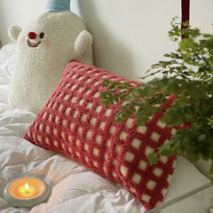 YICKYUE - Lamb Wool Cushion Christmas Nordic Plaid Pillow For Living Room Office Pillowcase Waist Protection Sofa Backcushion Home Decor