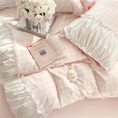 Yickyue Korean Style Princess Bedding Set Luxury Pink Lattice Duvet Cover Ruffles Lace Bedspread Bed Sheet Pillowcases