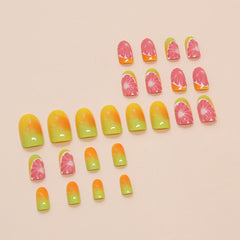 YICKYUE - 24pcs 3D Red Grapefruit False Nails Long Almond Press On Acyrlic Nails French Tip Fruit Y2k Yellow Gradient Fake Nails Wearable