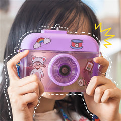 Cute Cartoon Camera Water Cup 400ML Portable Camera-shaped Crossbody Plastic Water Bottle with Adjustable Shoulder Strap Cup