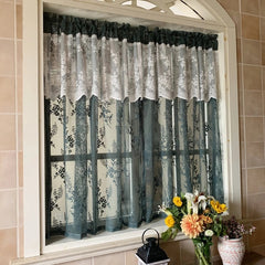 Yickyue American Pastoral Dark Green Short Curtain Coffee Half Curtain Double Lace Embroidered Sheer Curtain for Kitchen Cabinet Door