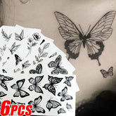 YICKYUE - 1/6pcs Black Butterfly Fake Tattoo Waterproof Temporary Tattoo Stickers Leg Arm Hand Foot Body Arts Magic Flower Texture Sticker