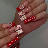 YICKYUE - Pink Peach Heart Strawberry Handmade Press on Nails Wearing Armor Bow Bear Camellia Cherry French Cute Nail Art