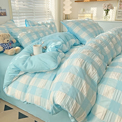Yickyue Cute Princess Seersucker Bedding Set For Women Washed Cotton Ruffle Bed Skirt Sheet Sets King Queen Size Bed Linens Decor Home