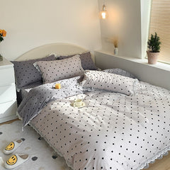 Yickyue Girls Bedding Set Reversible Gray White Heart print Duvet Cover Set 100%Cotton Lace 4Pcs Bedding Queen Twin Ultra Soft bed sheet