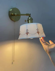 YICKYUE - Japanese Retro Wall Lamp with Pull Switch Modern Simple Bedroom Bedside Lamp Wooden American Brass Glass Wall Lights
