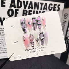 YICKYUE - 10Pcs Detachable Almond Spicy Girl Handmade Press on Nails Long Explosive Flash Pink Cat Eye Stars Full Cover False Nail Tips