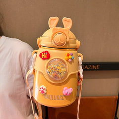 850 ML Cute Cartoon Big Belly Cup Stainless Steel Portable Strap Large Capacity Kids Thermos Water Bottle With Straw For Girls