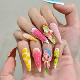 YICKYUE - 10pcs Handmade Press on Nails Sweet 3D Carved Tropical Flowers False Nails Wearable Full Cover Ins Long Almond False Nail Tips