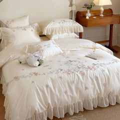 Yickyue - Romantic 100s Pure Cotton Flower Embroidery White Bedding 4 Pcs Set