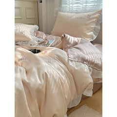 YICKYUE - Korean Lace Embroidered Bedding Set - 4PC Washed Silk-like Cooling Sheets | Summer Aircon Sleep Collection