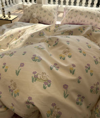 YICKYUE - Romantic rabbit floral purple plaid bedding set kid,twin full queen kawaii cotton home textile bed sheet pillow case quilt cover