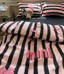 YICKYUE Modern sweet cool stripes letter bedding set,twin full queen black pink cotton home textile bed sheet pillow case quilt cover