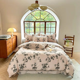 Yickyue Brushed Cotton Chic Floral Breathable Duvet Cover Twin Double Queen King 4Pcs 100%Cotton Bedding Set Bed Sheet 2 Pillowcases