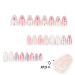 YICKYUE - 24pcs Press on Long Almond Fake Nails Pearl Aurora Butterfly Decor Full Cover 3D Water Ripple Blush False Nails Y2k Handmade