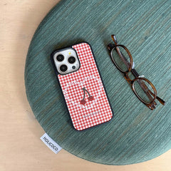 YICKYUE - Ins Red Check Love Heart Phone Case For Iphone 15Pro 12Pro 15 14 13 12 Pro Max 14Promax 3D Cherry Bowknot Pendant Cover Fundas