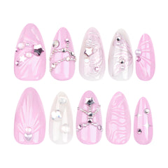 YICKYUE - 24pcs Sweet pink star Fake Nails 3D Ocean Shell Wearing False Nail Tips Butterfly Sparkling Diamond Ins Korean Press on Nails