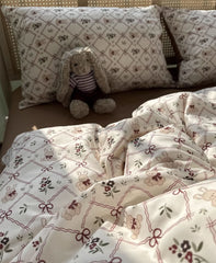 YICKYUE Cute vintage rabbit flower bow bedding set kid,twin full queen retro brown cotton home textile bed sheet pillow case quilt cover