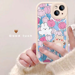 Luxury Flower Cute Bear Fabric Case For iPhone 11 12 13 Pro Max 7 8 Plus XR X XS Max SE 2 3 Shockproof Back Cover Funda iPhone11
