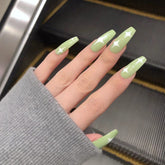 24pcs press on nails Matcha Green Fake Nail Patch Star Print Glue Type Removable Long Paragraph Fashion Manicure Patch