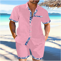 Hearujoy Summer Mens Cotton Linen Two Piece Set Contrast Color Short Sleeve Lapel Shirts And Shorts Loose Suits Hawaiian Beach Outfits