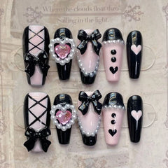 YICKYUE - 10pcs Black Edge French Press on Nails Wearable Pink Med-length Ballet False Nail Love Pearl Bow Design Full Cover Nail Tips Art