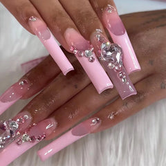 Yickyue 24Pcs Square Glitter False Nails Long Ballet Fake Nail French Love Butterfly Design Rhinestone Nail Tips Wearable Press on Nails