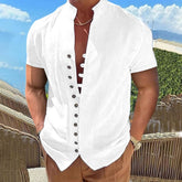 Hearujoy New 100% Cotton Linen Vintage Shirts Mens Short Sleeve Stand Collar Casual Male Blouse Summer Retro Shirt Top Men Clothing