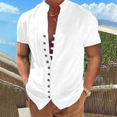 Hearujoy New 100% Cotton Linen Vintage Shirts Mens Short Sleeve Stand Collar Casual Male Blouse Summer Retro Shirt Top Men Clothing